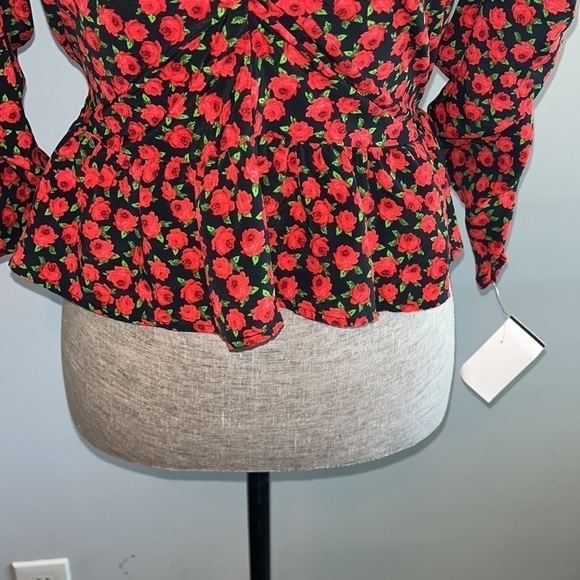 Topshop Red Rose Rushed Sleeve Blouse size 4 - Picture 4 of 8